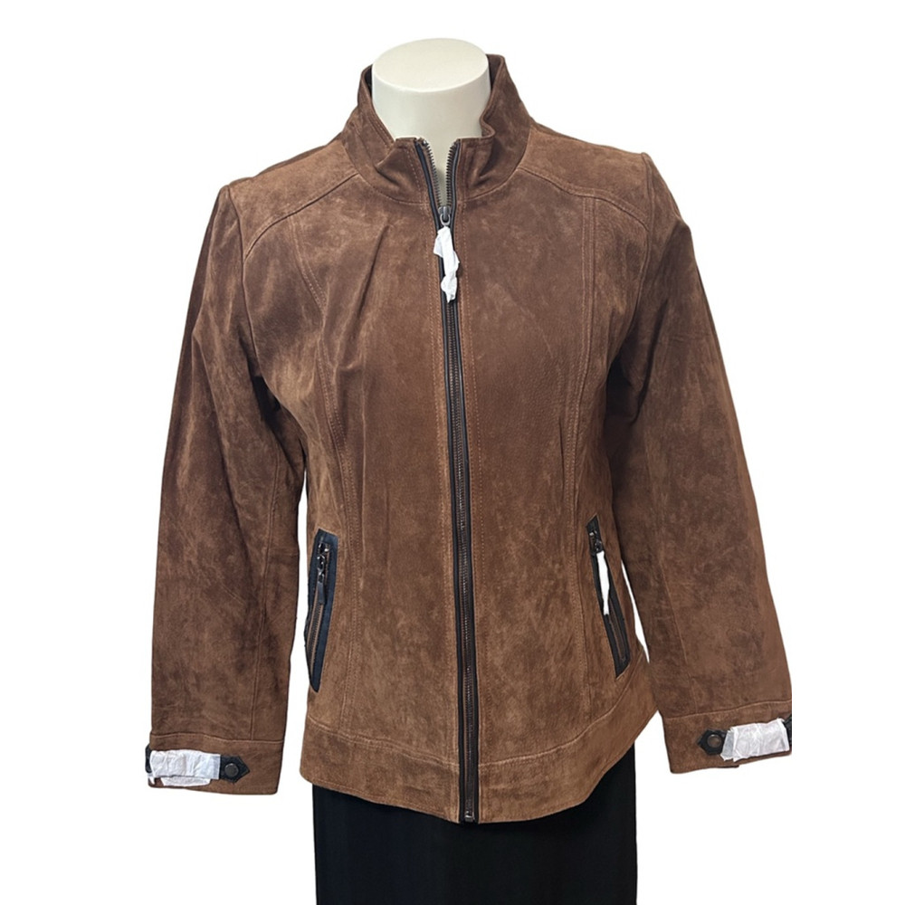 Dennis Basso Brown Suede Leather Jacket M Zip Front Black Trim Designer Outerwea